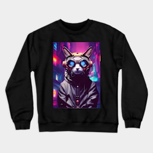 Techno Cat In Japan Neon City Crewneck Sweatshirt